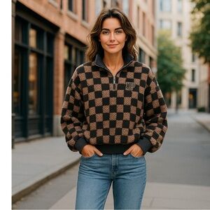 PINK Victoria's Secret Black and Tan Checkered Pullover